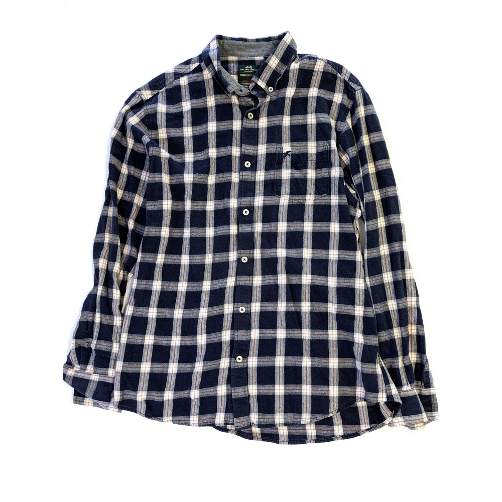 Racing Green Mens Large Flannel Shirt Navy Blue Plaid Button Down Long Sleeve